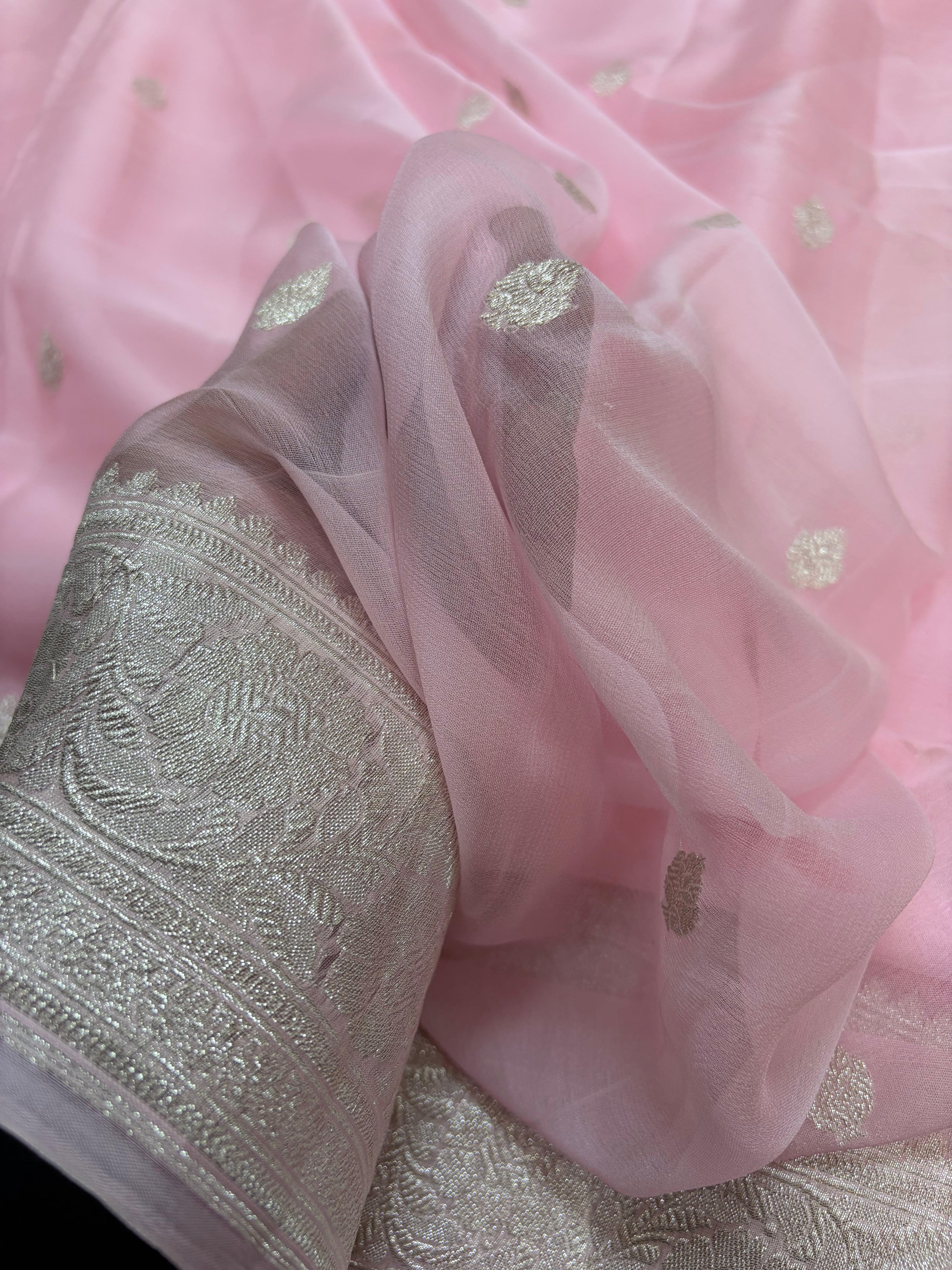 Baby pink pure Khaddi Chiffio Banarasi Zari Border Saree