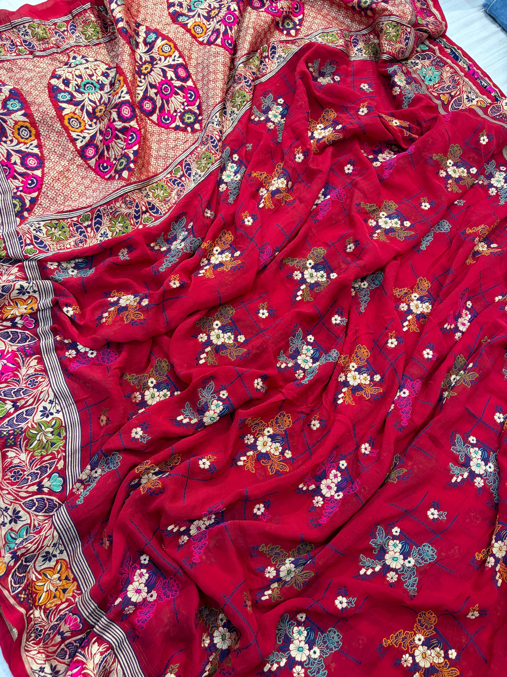Premium Pure georgette silk sarees all over Multi Meenakari work with pure water zari wokr