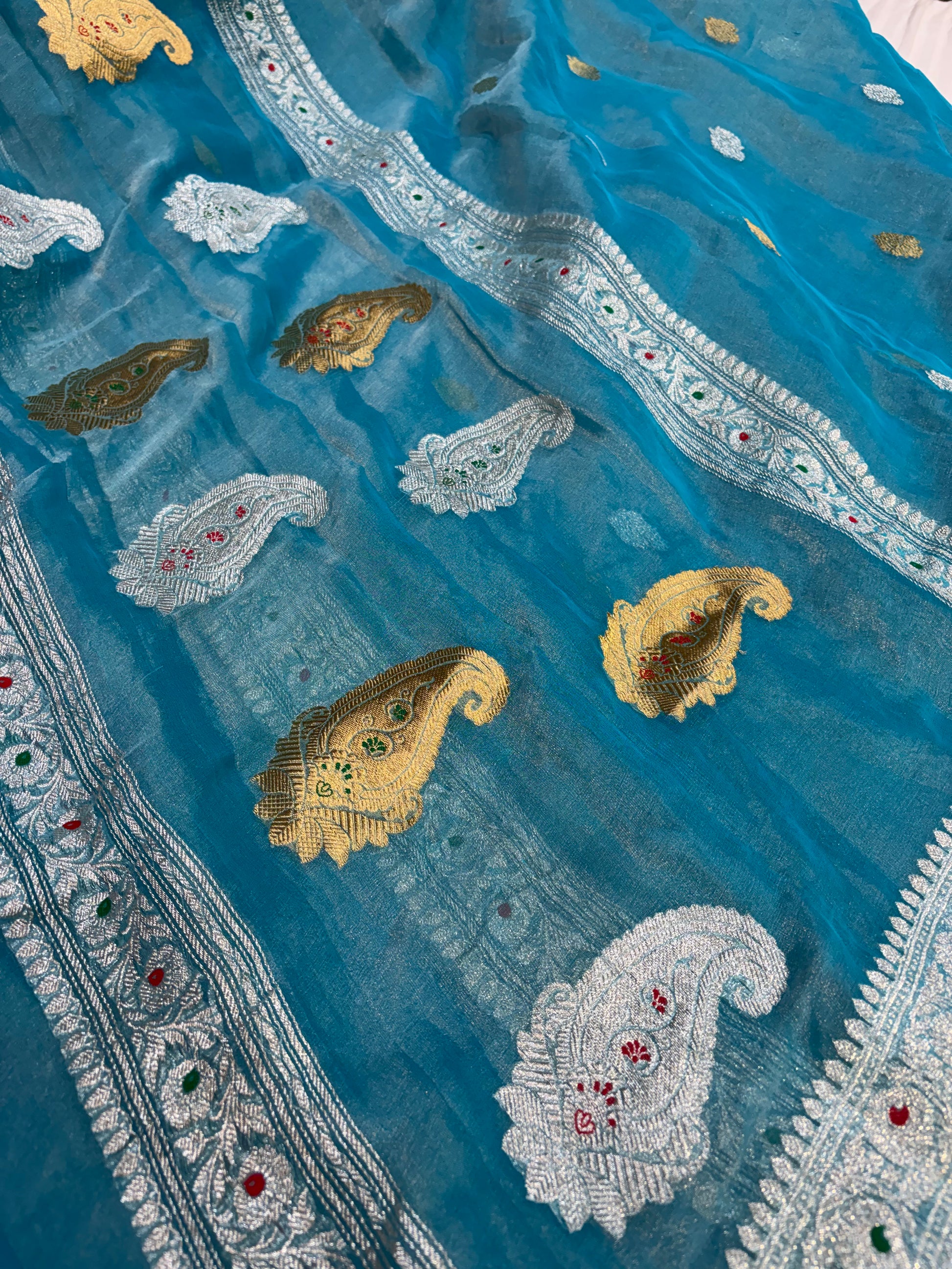 PURE KHADDI TISSUE SILK SAREE IN OCEAN BLUE COLOUR