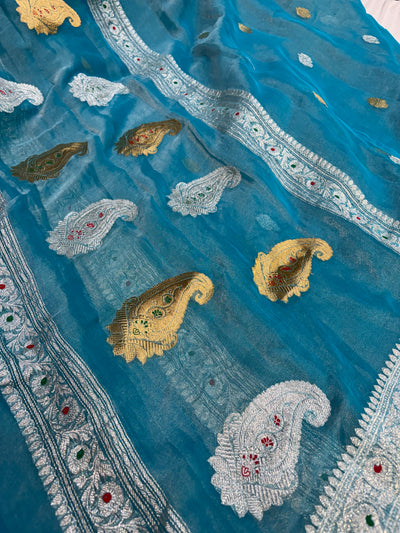 PURE KHADDI TISSUE SILK SAREE IN OCEAN BLUE COLOUR