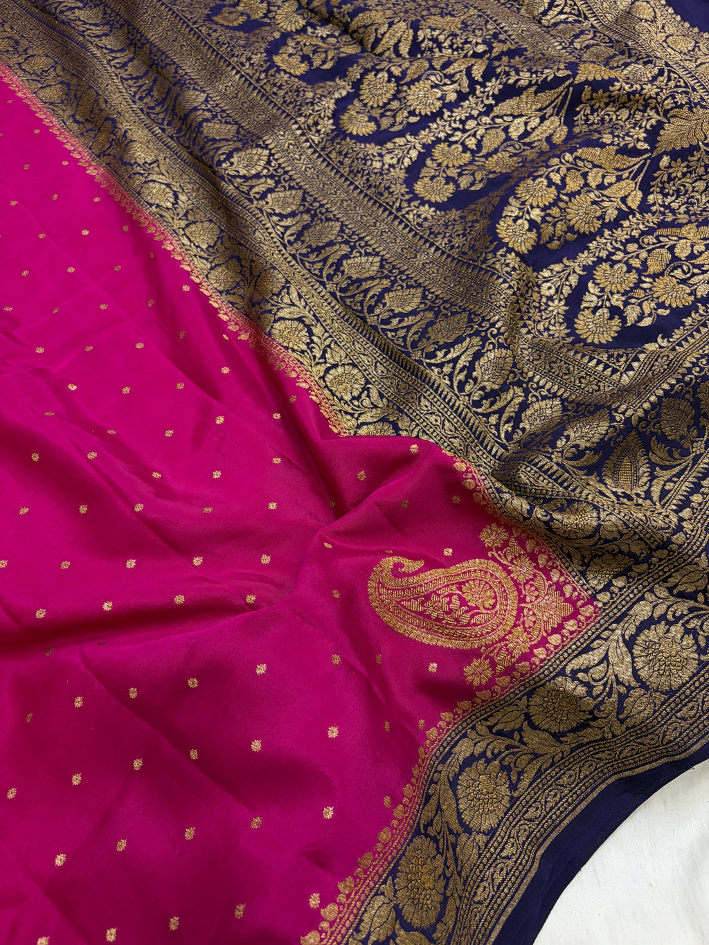 Pure Crape Silk Banarasi Zari Border Buti Design Saree in magenta with navy blue