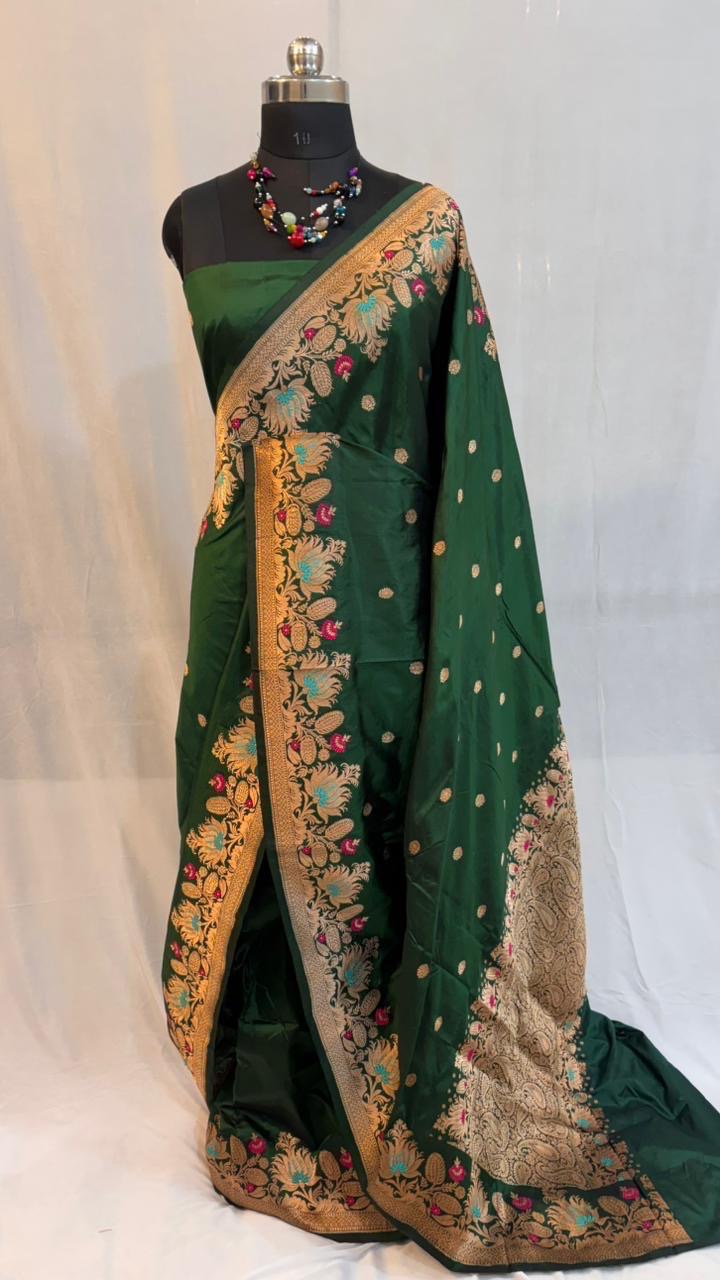 Pure meenakari katan silk saree in  bottle green colour