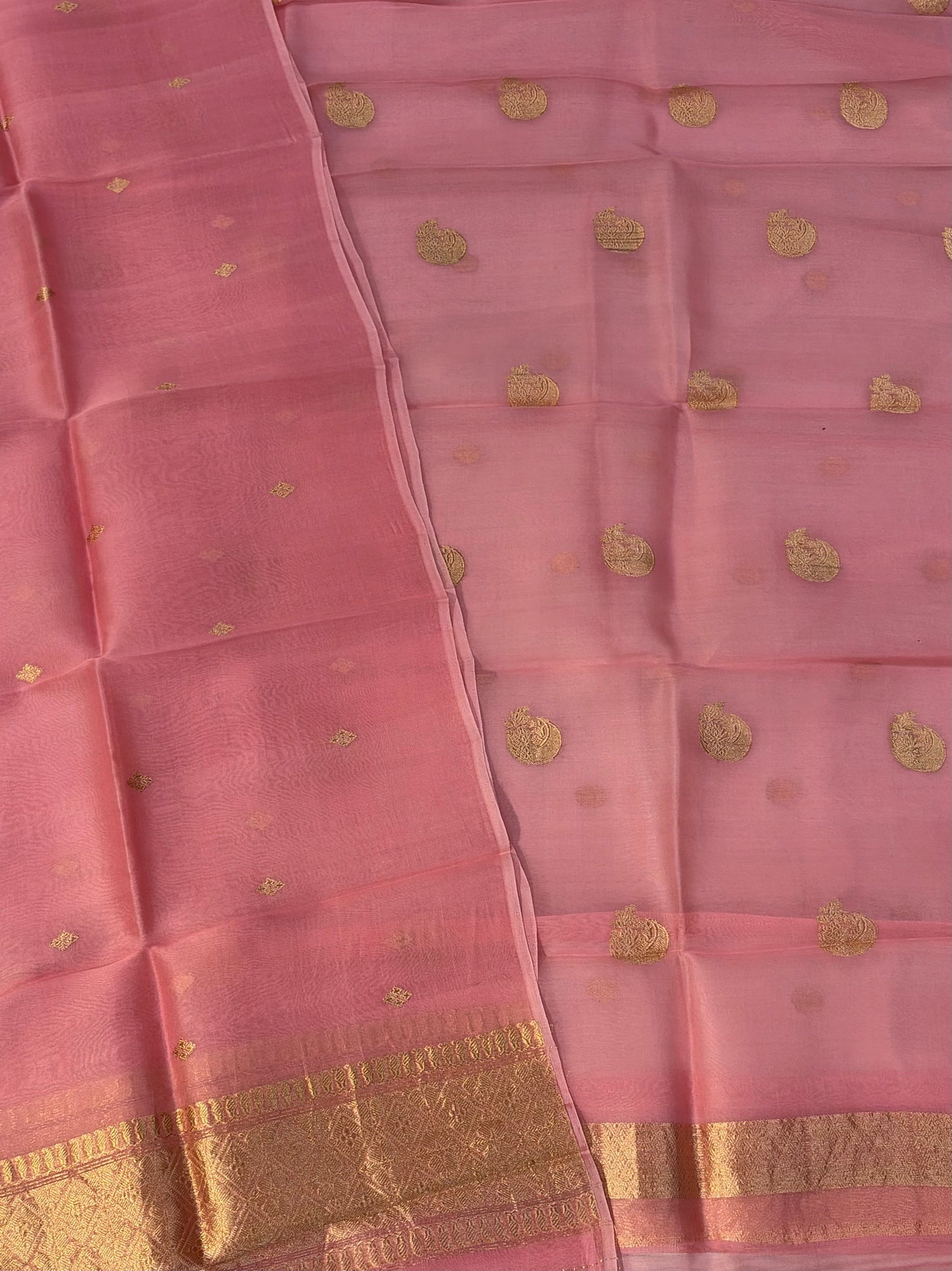 Pure Handloom Kora silk suit set in baby pink colour with meenakari work