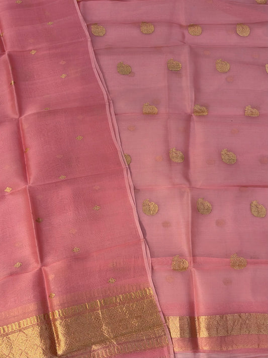 Pure Handloom Kora silk suit set in baby pink colour with meenakari work