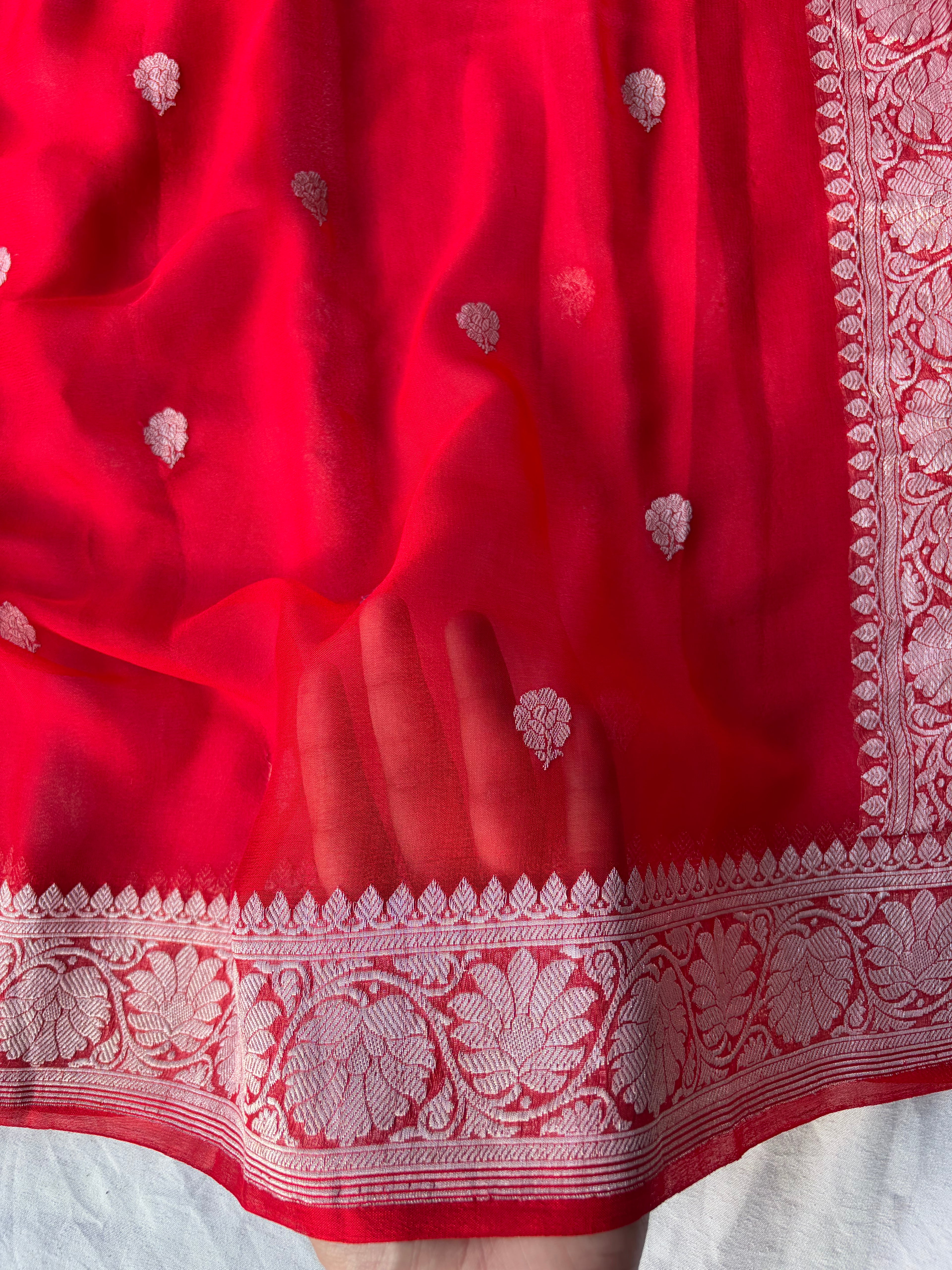 Pure khaddi chiffon saree in red colour