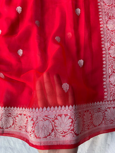 Pure khaddi chiffon saree in red colour