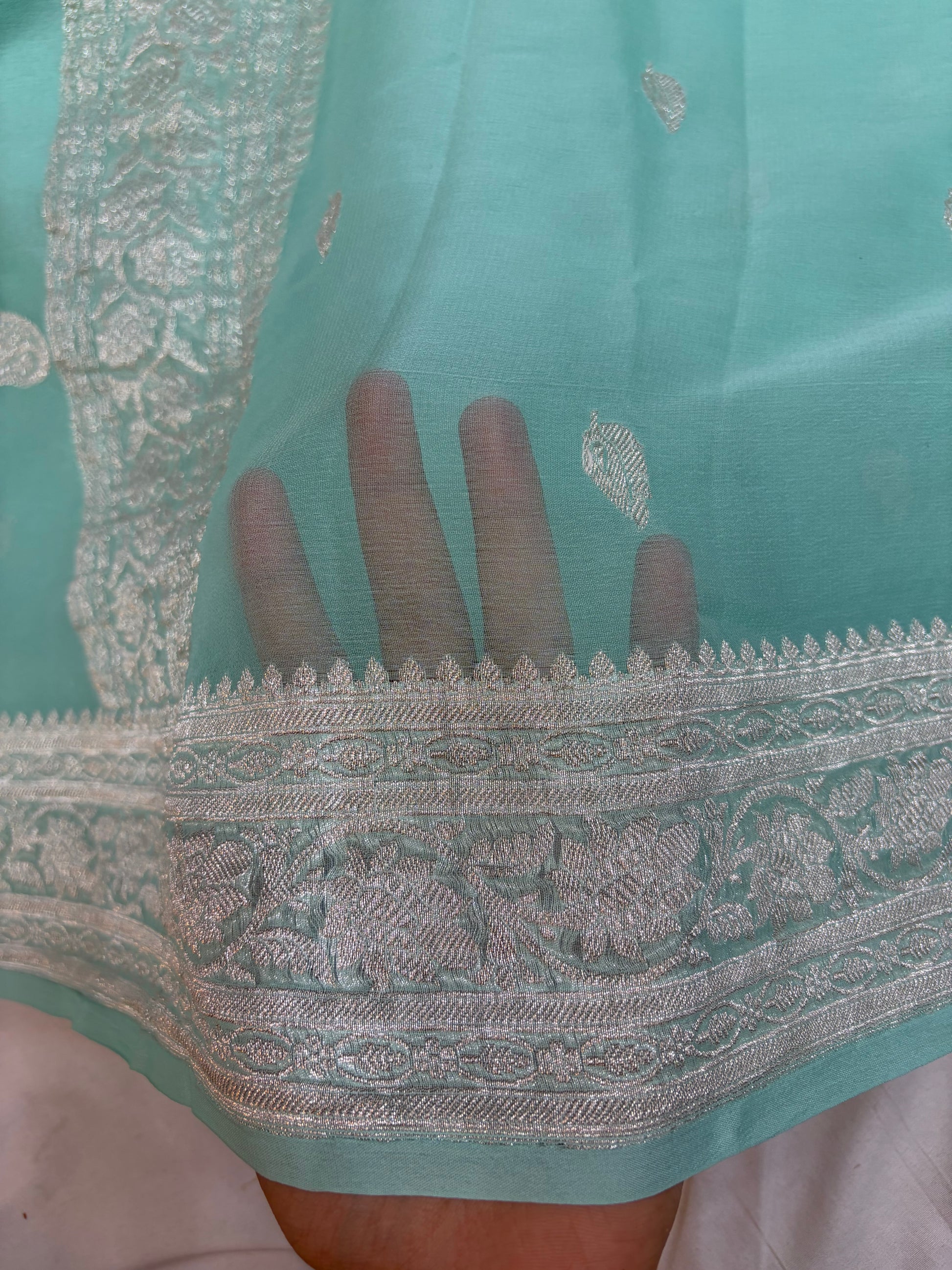 Pure khaddi chiffon saree in sea green colour