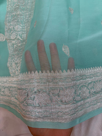 Pure khaddi chiffon saree in sea green colour