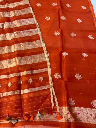 Pure Handloom Kora silk suit set in rust orange  colour with meenakari work