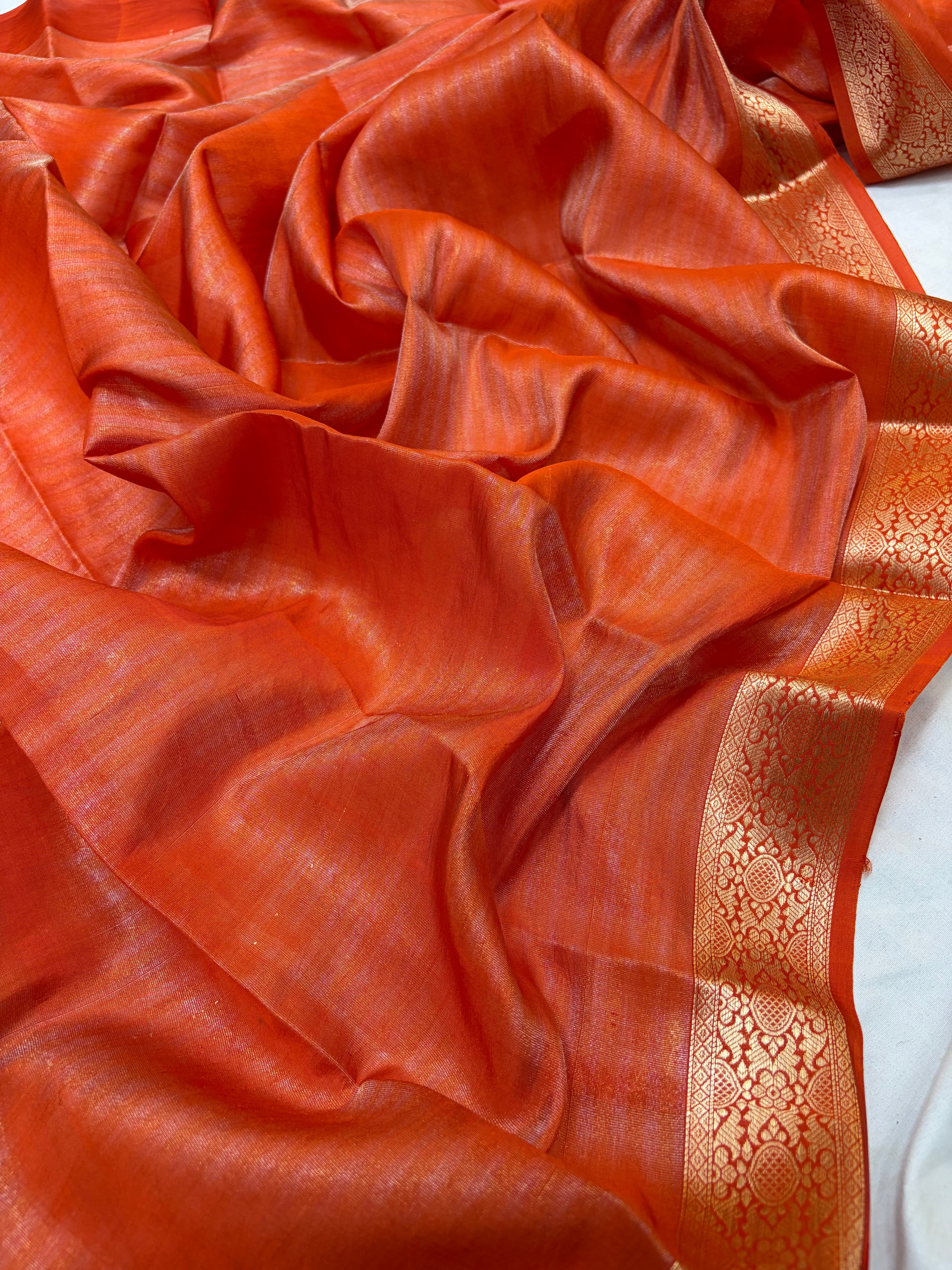 Pure handloom organza silk saree in peach orange colour