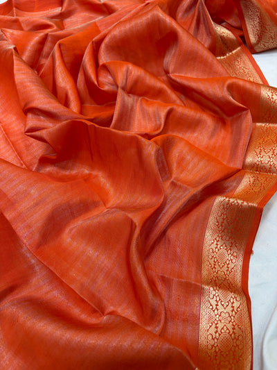 Pure handloom organza silk saree in peach orange colour