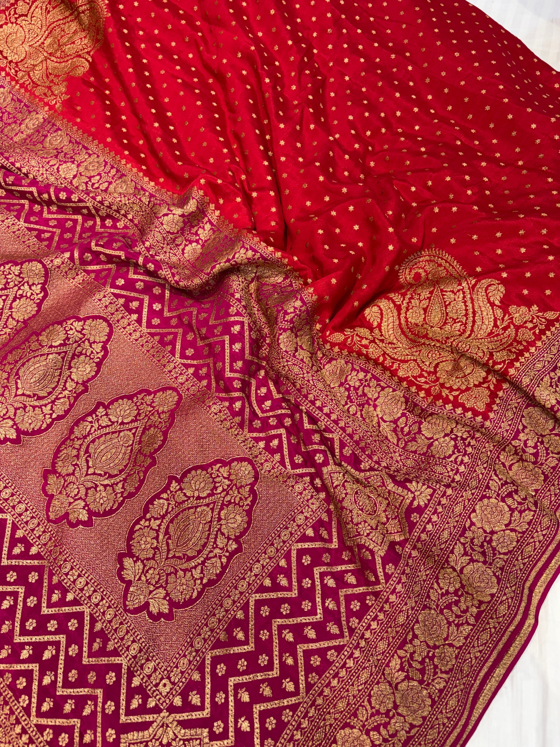 Pure khaddi crepe silk saree in blood red with rani pink colour