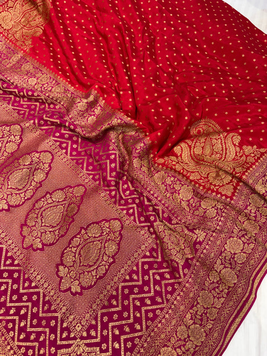 Pure khaddi crepe silk saree in blood red with rani pink colour