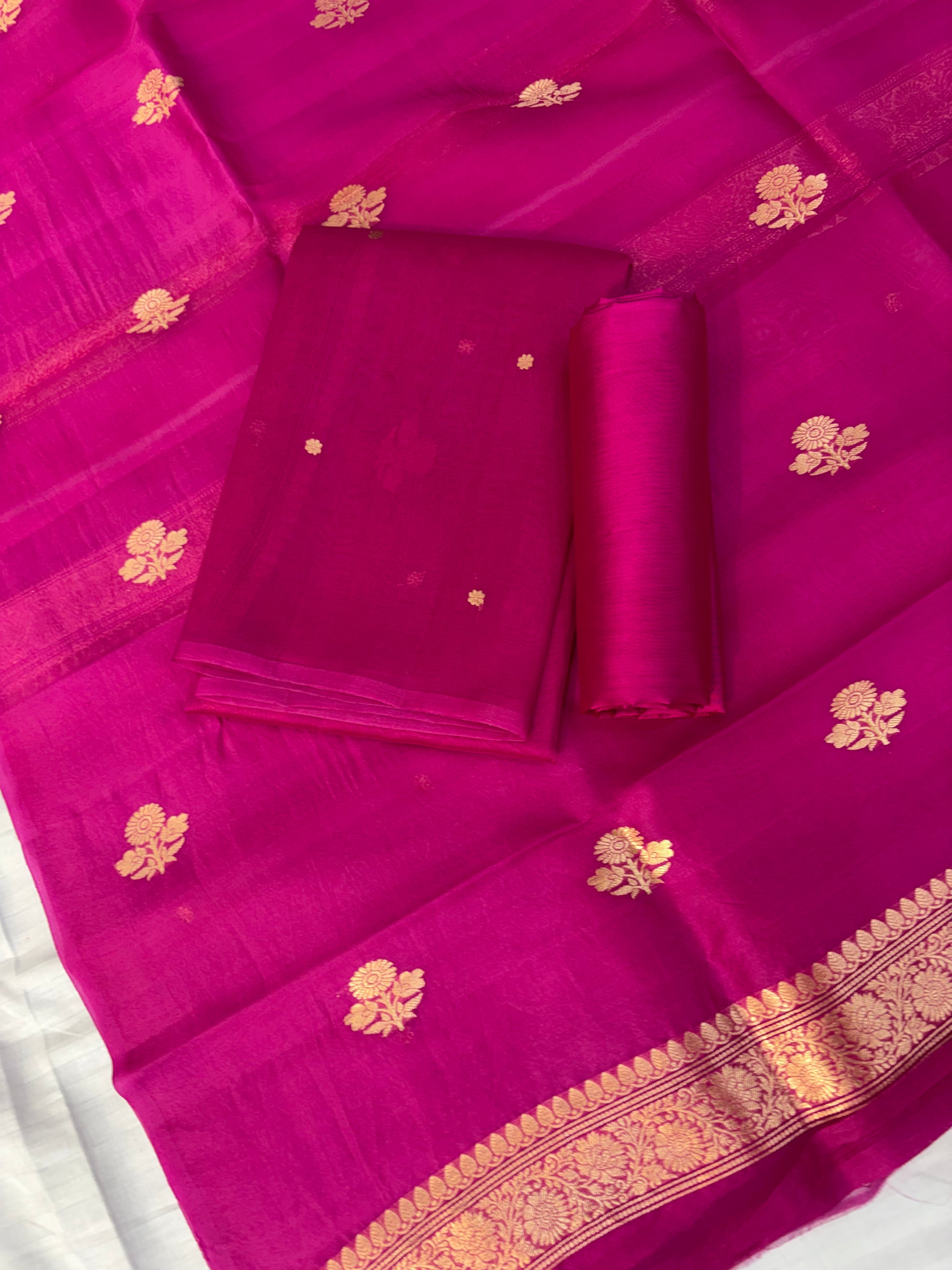 Pure Handloom Kora silk suit set in Rani pink colour