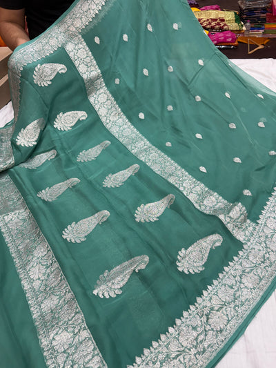 Pure khaddi chiffon saree in Teal green colour