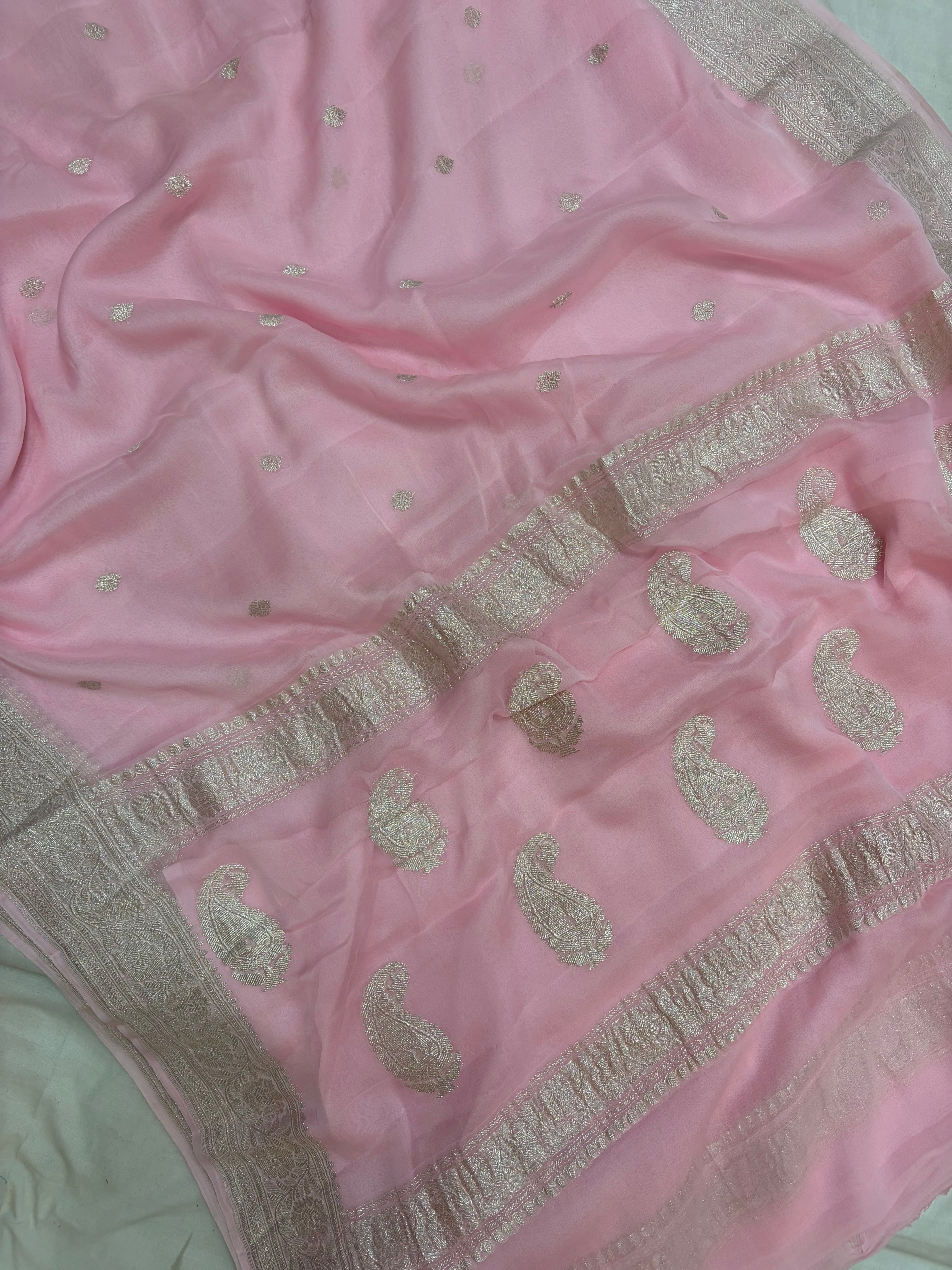 Baby pink pure Khaddi Chiffio Banarasi Zari Border Saree