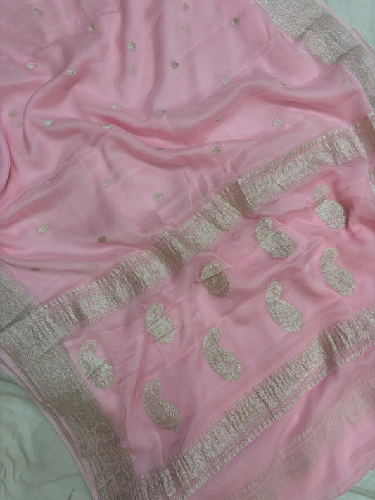 Baby pink pure Khaddi Chiffio Banarasi Zari Border Saree