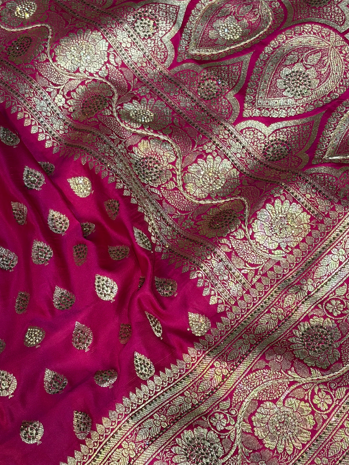 Bridal Banarasi satin Katan silk sarees in Rani pink colour with all over Swarovski work