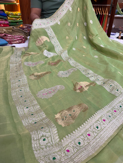 PURE KHADDI TISSUE SILK SAREE IN PISTA GREEN COLOUR
