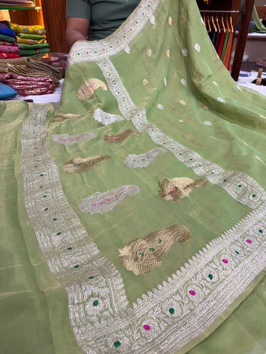 PURE KHADDI TISSUE SILK SAREE IN PISTA GREEN COLOUR