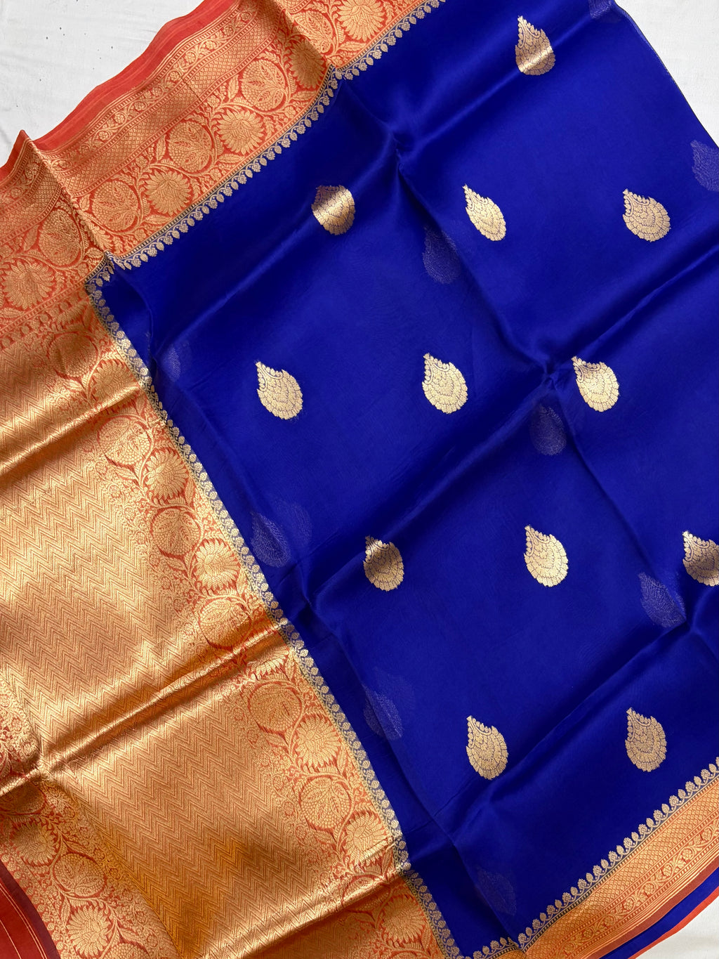 Pure handloom organza silk saree in royal blue with dark peach colour