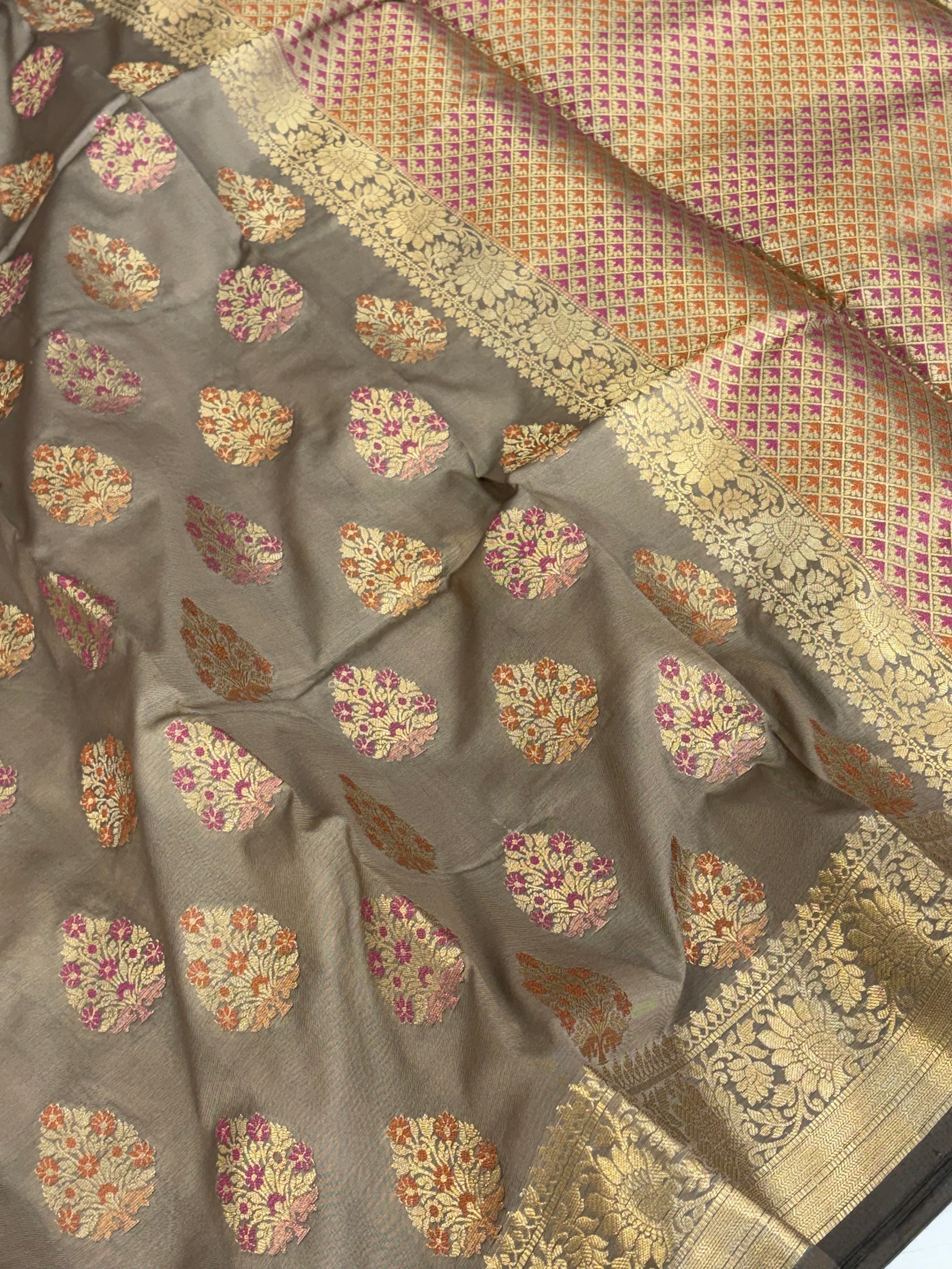 Banarasi katan by katan silk saree in dusty grey colour with multiple meenakari work