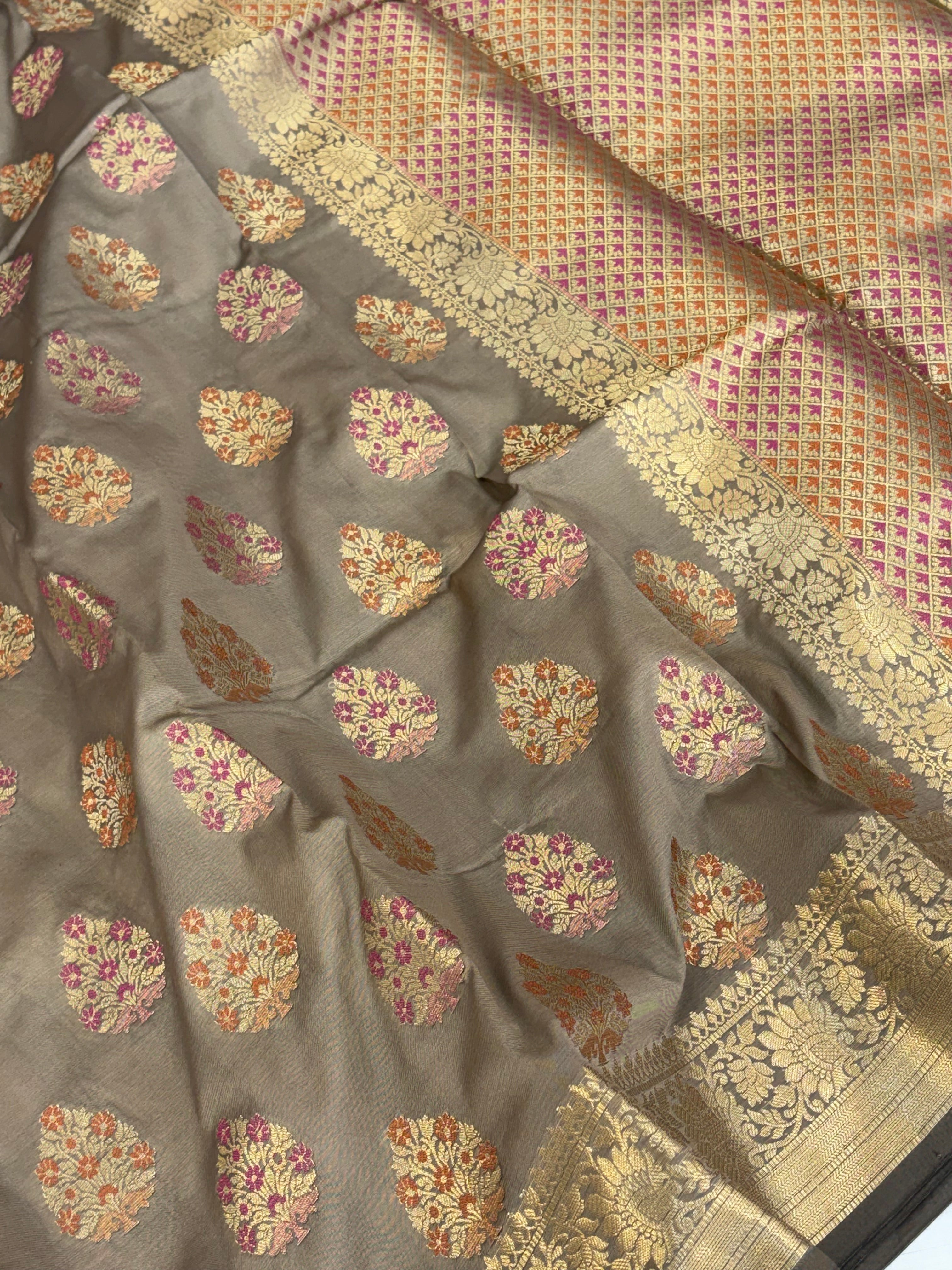 Banarasi katan by katan silk saree in dusty grey colour with multiple meenakari work
