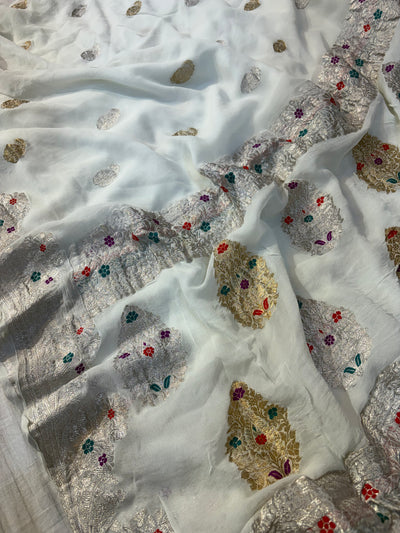 Pure handwoven meenakari khaddi chiffon saree in white colour