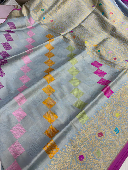 Pure katan tissue silk saree in powder blue colour with multiple meenakari work