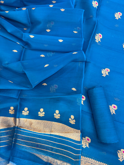Pure Handloom Kora silk suit set in light German blue colour with meenakari work