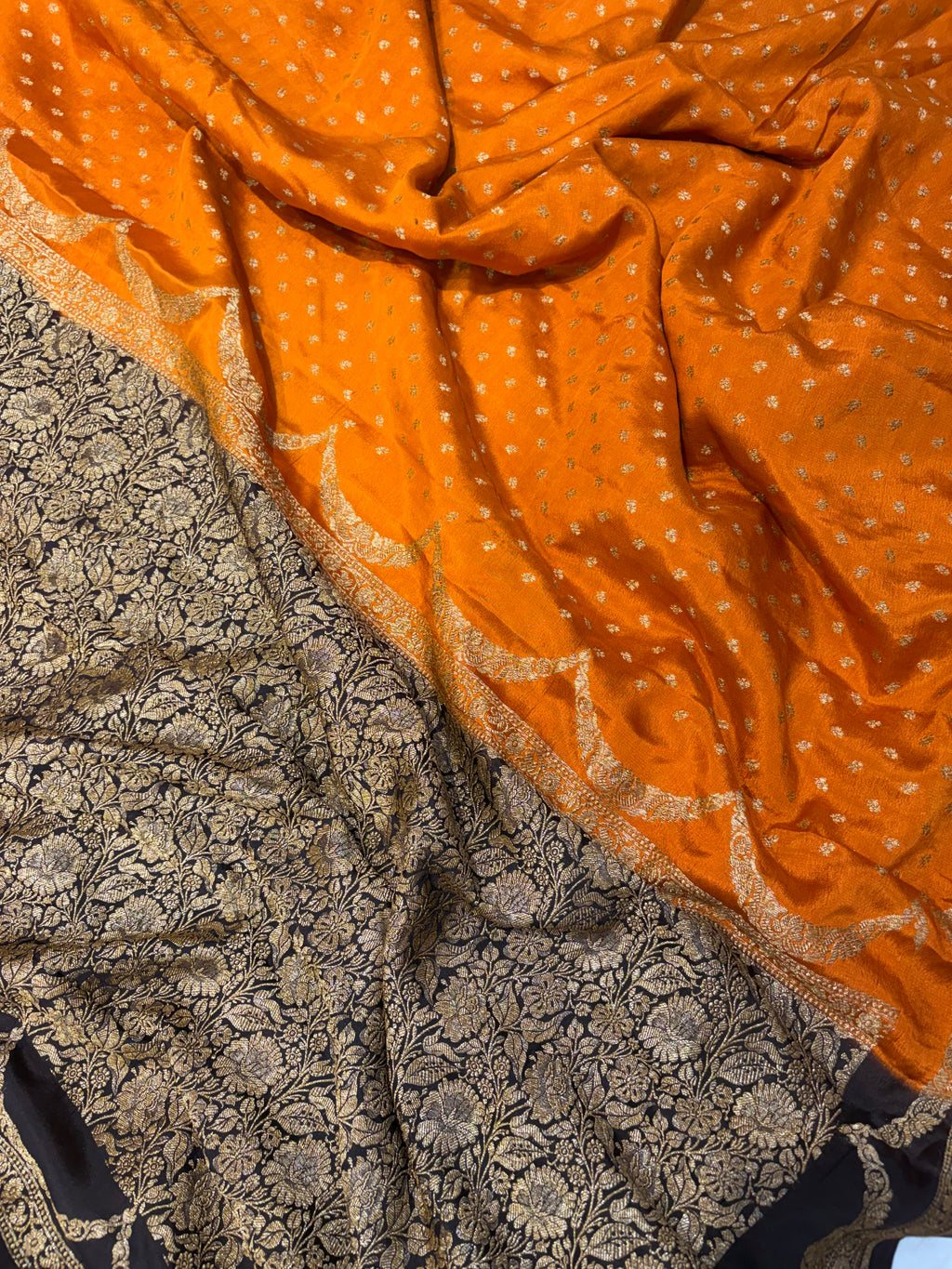 Pure khaddi crepe silk saree in rust orange with chocolate brown colour