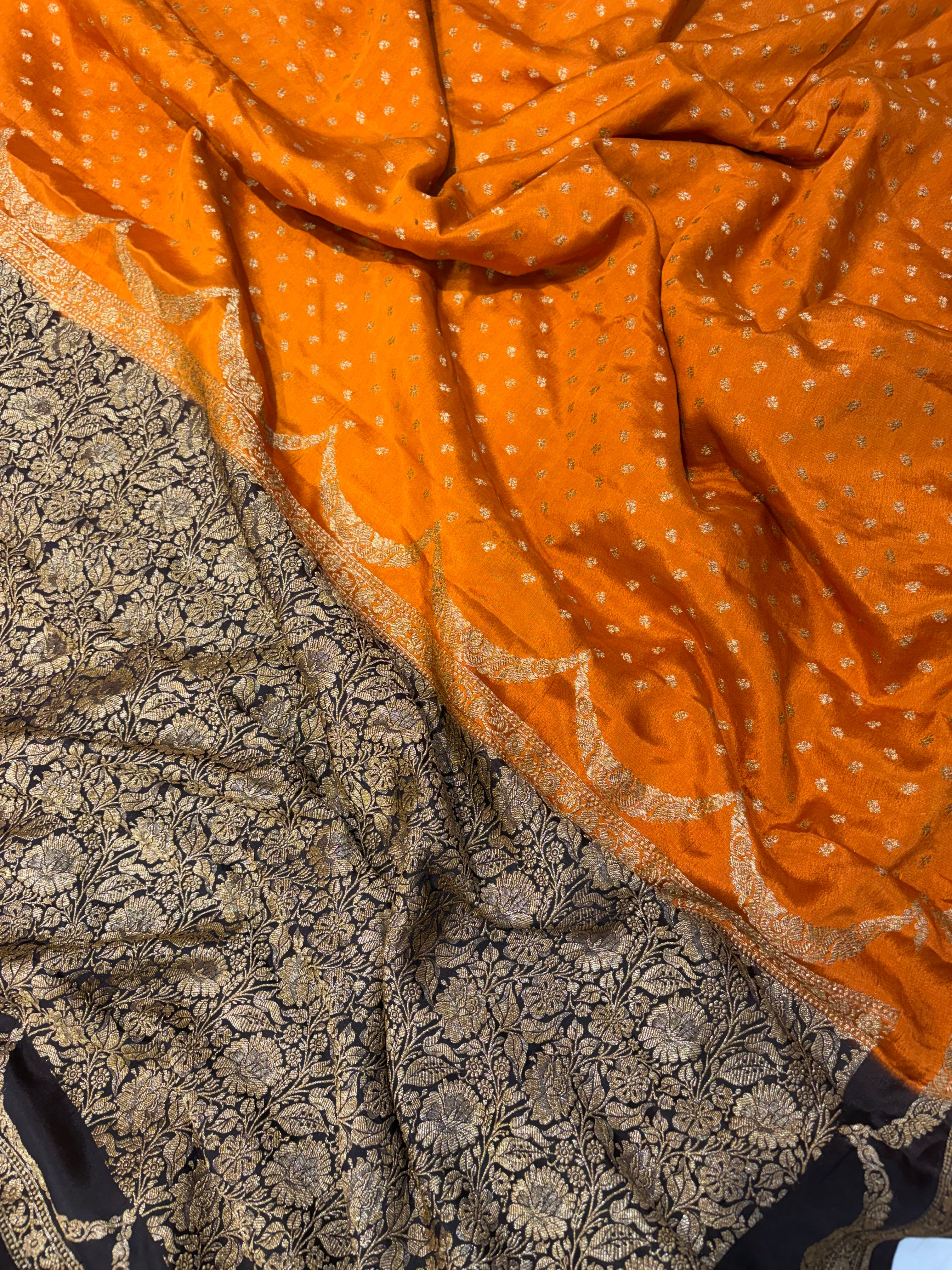 Pure khaddi crepe silk saree in rust orange with chocolate brown colour