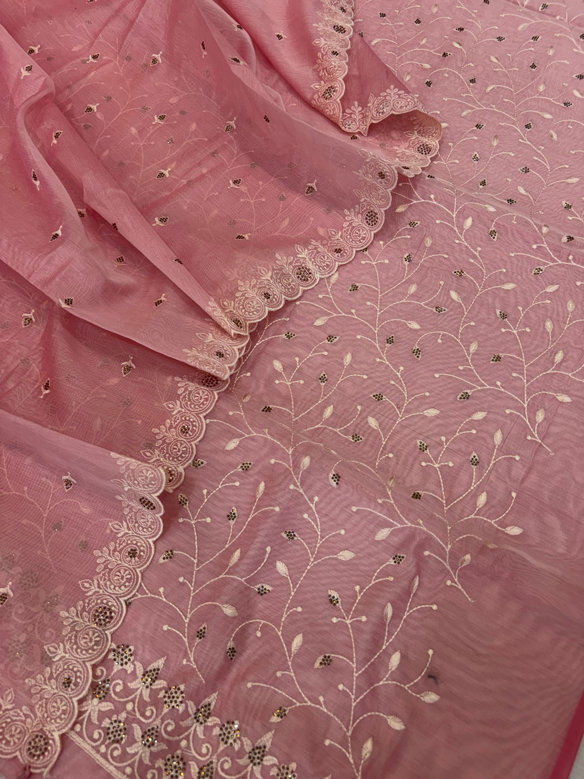 Banarasi pink soft silk suit with all over embroidery work