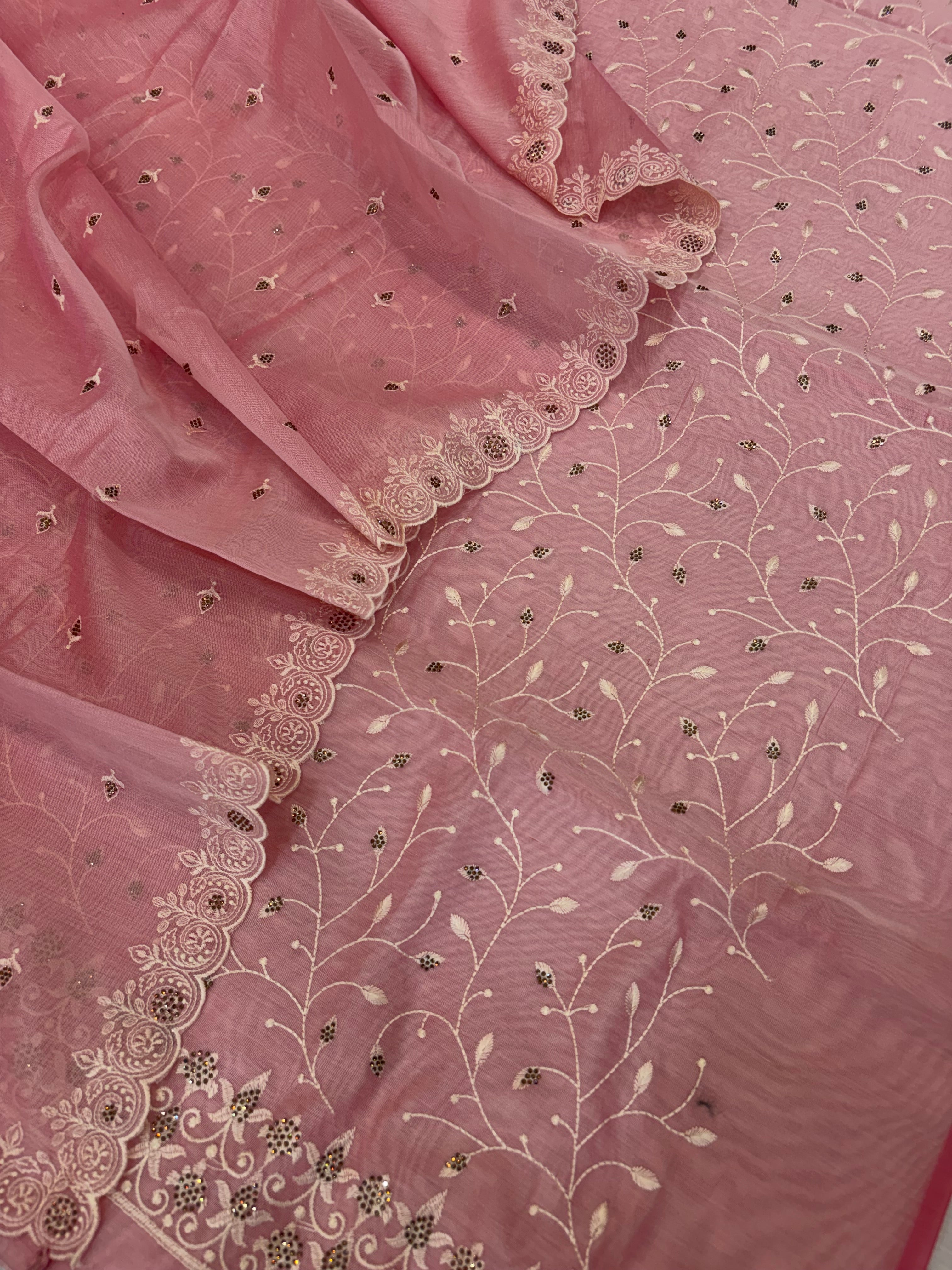 Banarasi pink soft silk suit with all over embroidery work