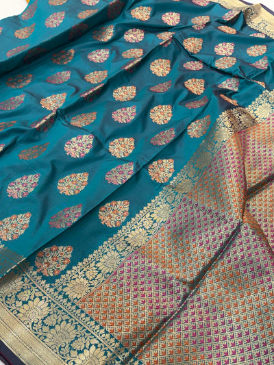 Banarasi katan by katan silk saree in Rama green colour with multiple meenakari work