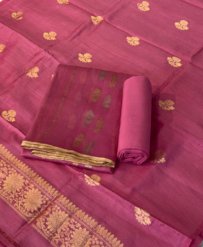 Pure handwoven Chiniya silk suit in dusty pink  colour