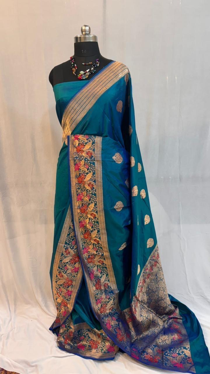 Pure meenakari katan silk saree in German blue colour