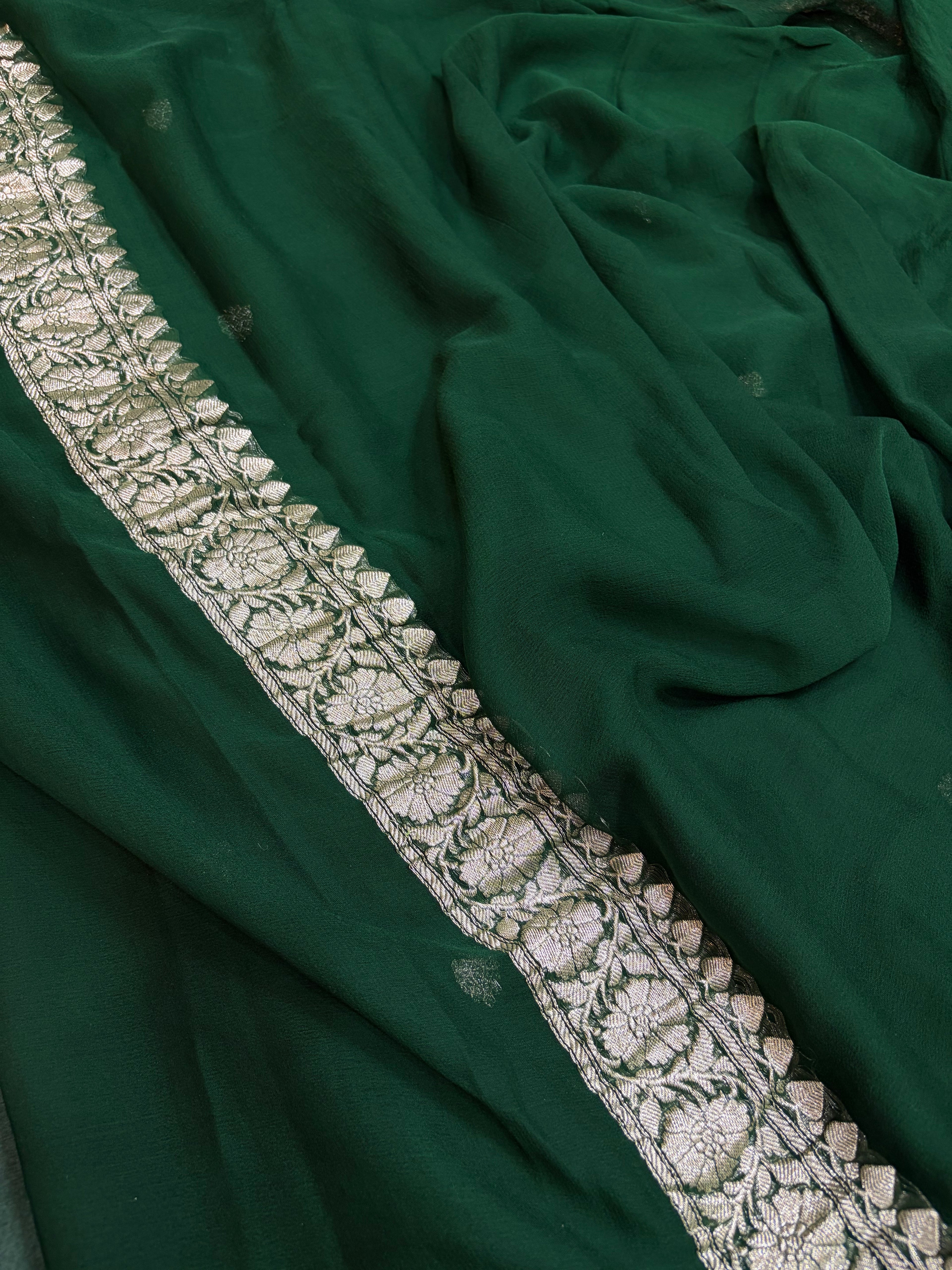 Pure Banarasi Khaddi Chiffon Zari Border Saree in bottle green colour
