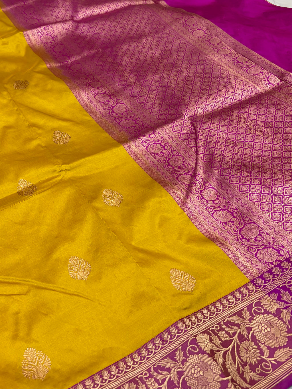 Pure handwoven katan silk saree in mustard with Rani  colour