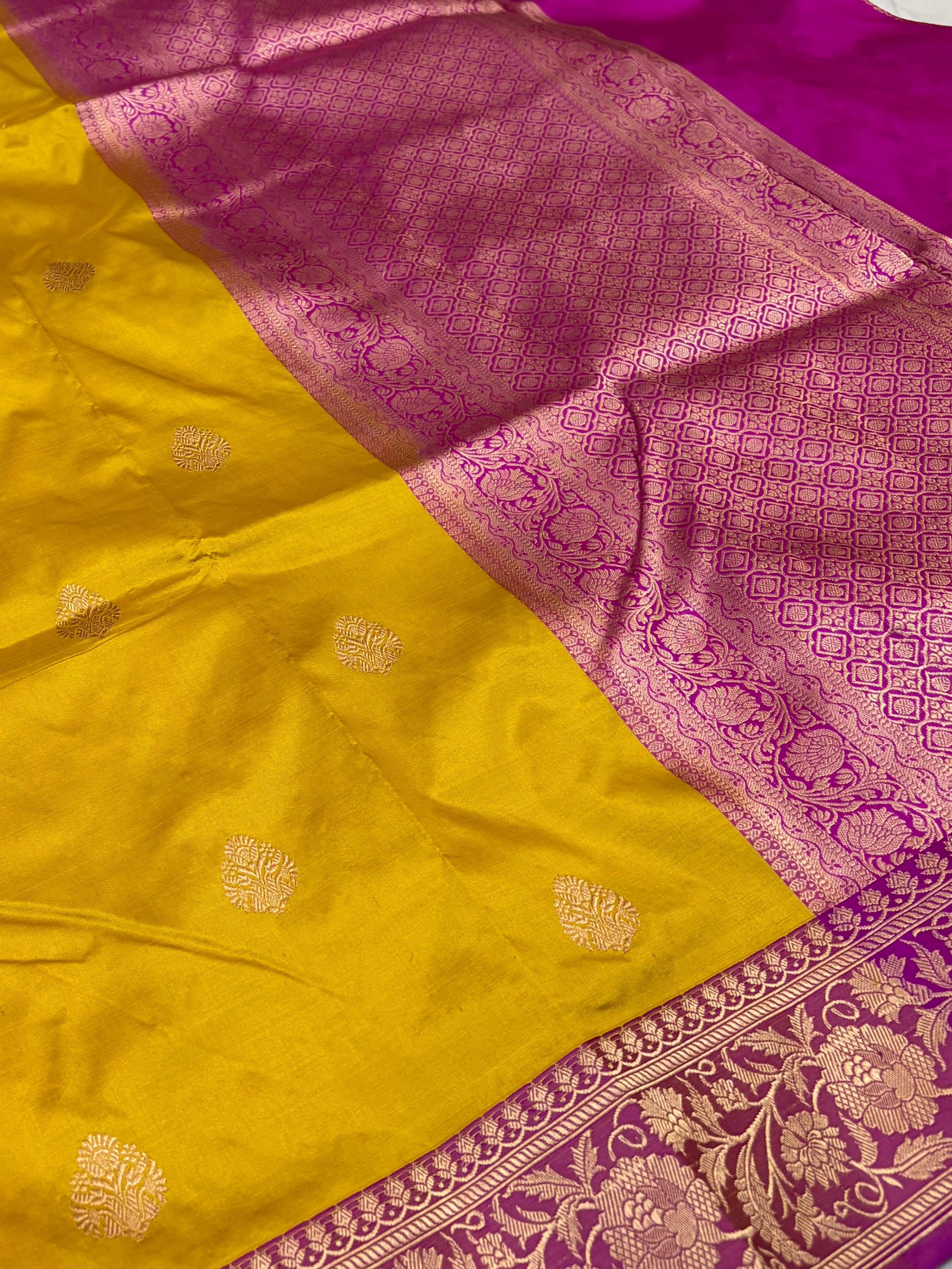 Pure handwoven katan silk saree in mustard with Rani  colour