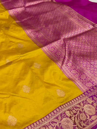 Pure handwoven katan silk saree in mustard with Rani  colour