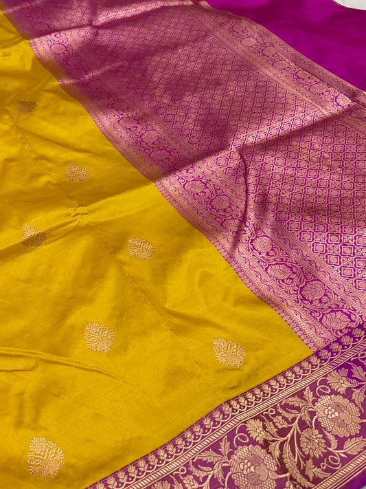 Pure handwoven katan silk saree in mustard with Rani  colour