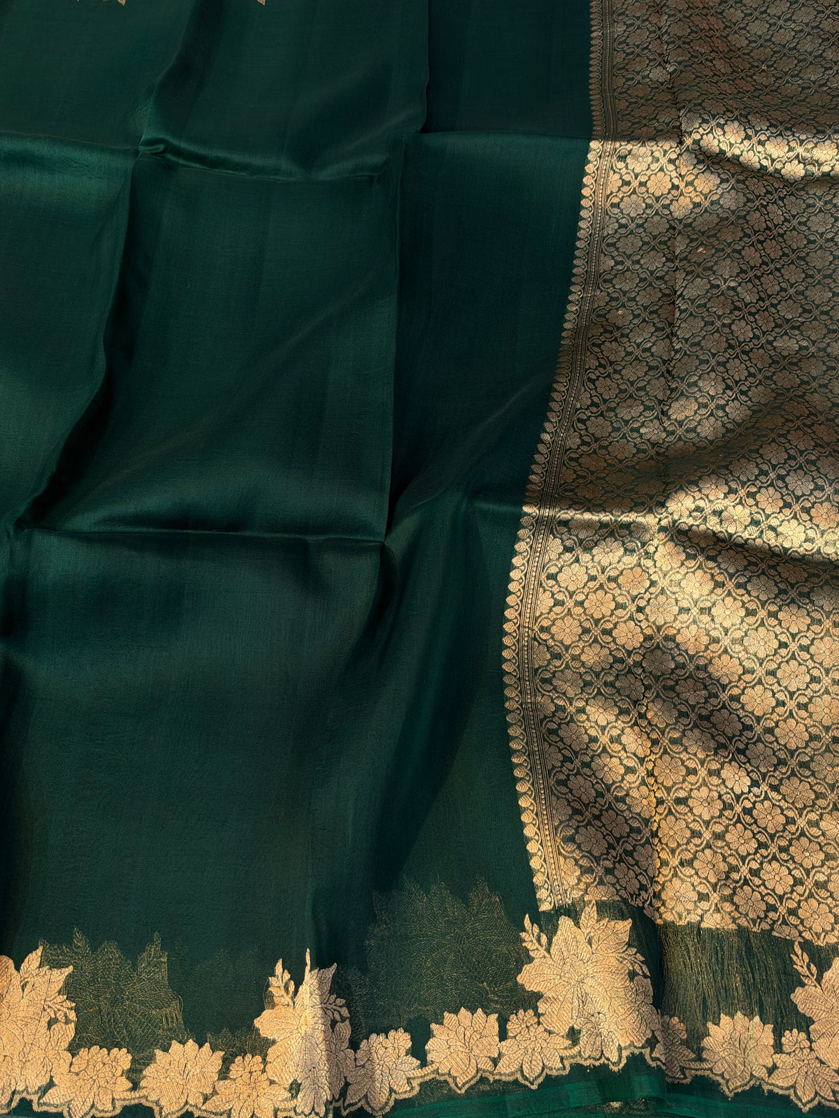 Pure handloom kora silk saree bottle green colour