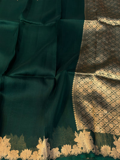 Pure handloom kora silk saree bottle green colour