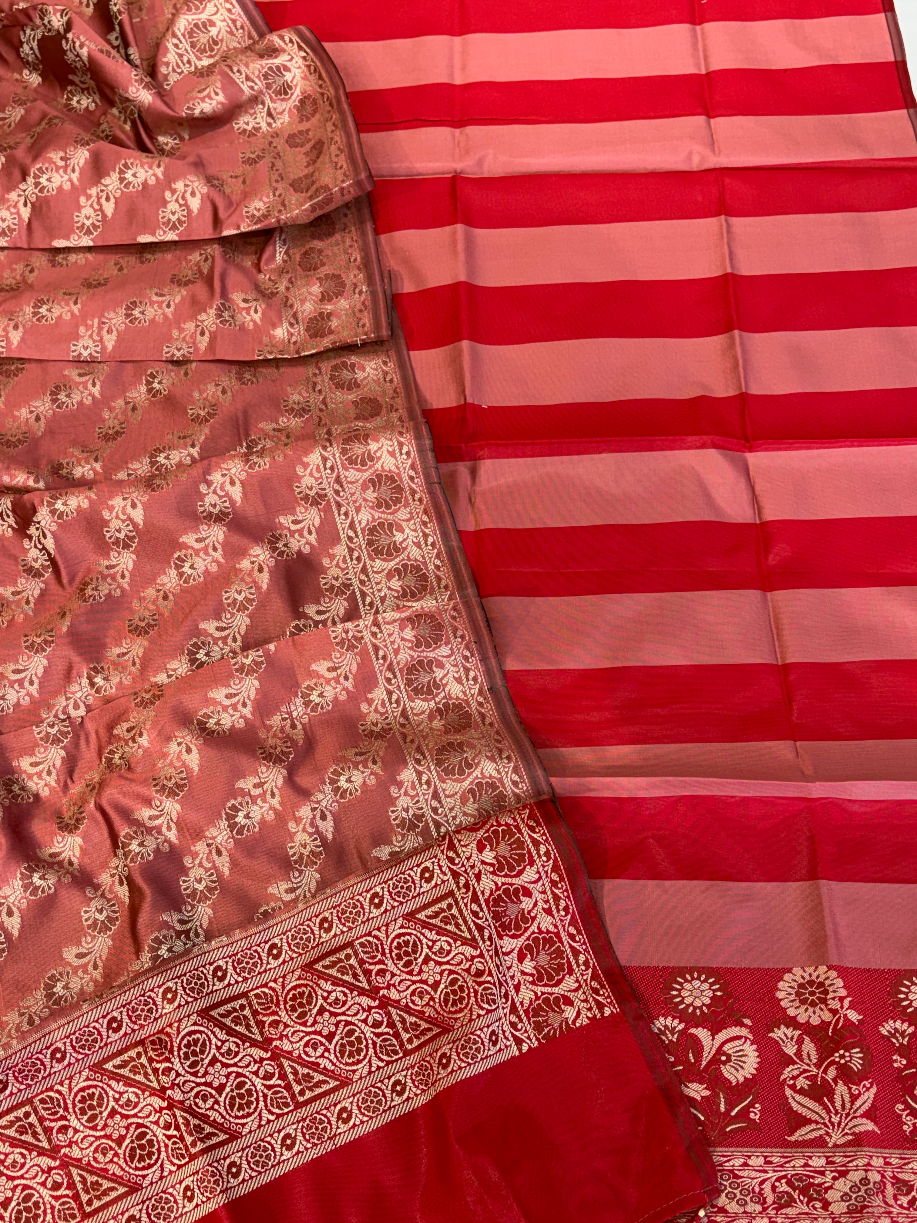 Banarasi soft silk suit in red with dusty rose colour combination with tussels