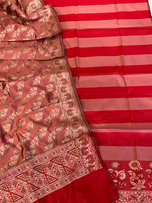 Banarasi soft silk suit in red with dusty rose colour combination with tussels