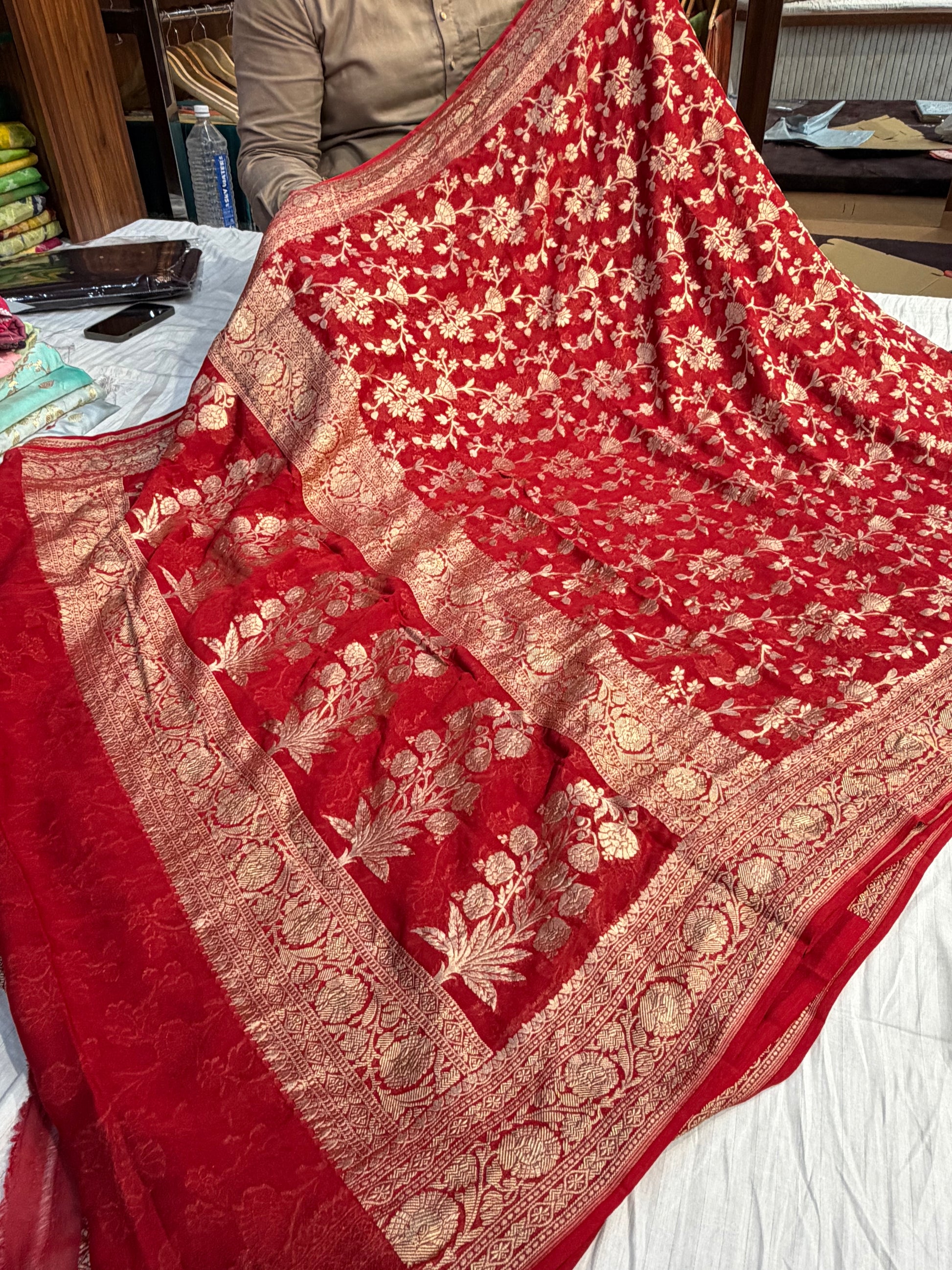 Pure Banarasi handloom georgette silk saree in red colour