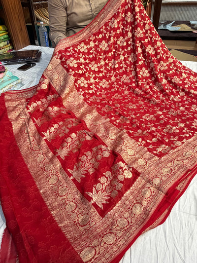 Pure Banarasi handloom georgette silk saree in red colour