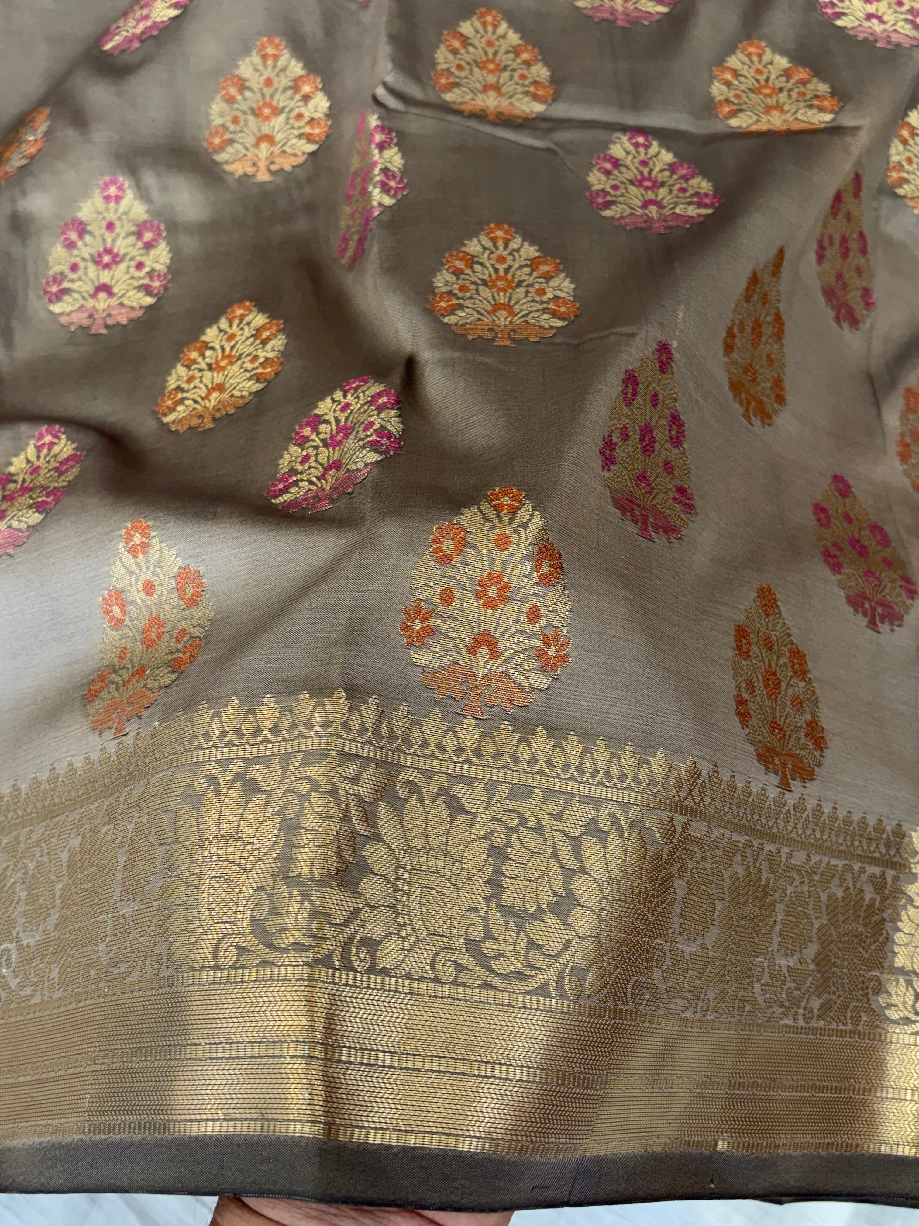 Banarasi katan by katan silk saree in dusty grey colour with multiple meenakari work
