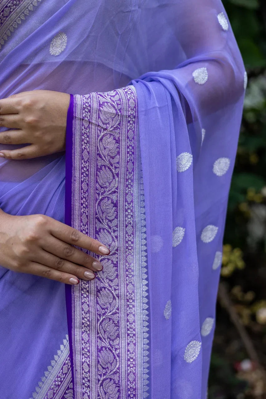PURE KHADDI CHIFFON SILK SAREE IN LILAC COLOUR